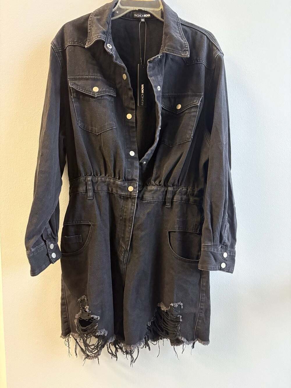 Fashion Nova In My Denim Romper Size XL Black Distressed